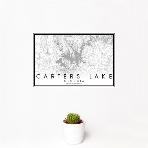 12x18 Carters Lake Georgia Map Print Landscape Orientation in Classic Style With Small Cactus Plant in White Planter