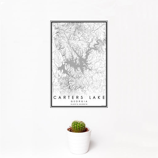 12x18 Carters Lake Georgia Map Print Portrait Orientation in Classic Style With Small Cactus Plant in White Planter