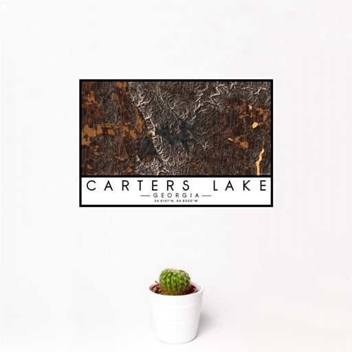 12x18 Carters Lake Georgia Map Print Landscape Orientation in Ember Style With Small Cactus Plant in White Planter