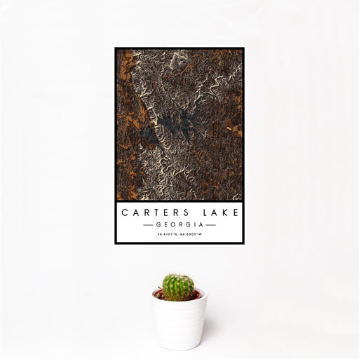 12x18 Carters Lake Georgia Map Print Portrait Orientation in Ember Style With Small Cactus Plant in White Planter