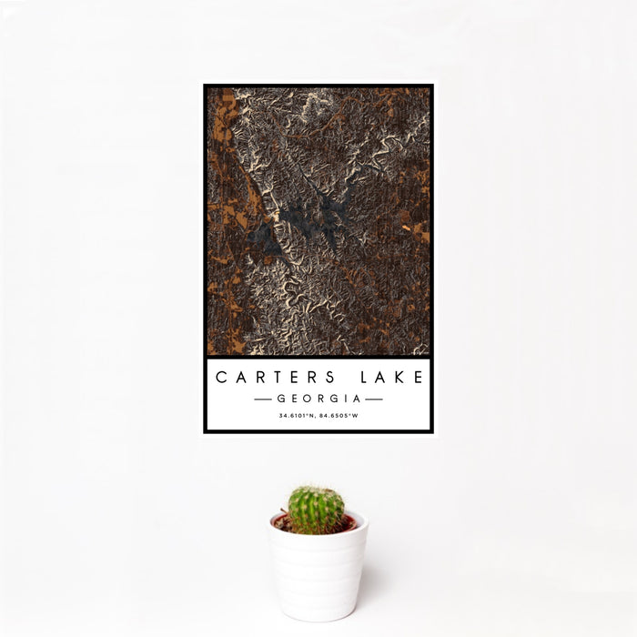 12x18 Carters Lake Georgia Map Print Portrait Orientation in Ember Style With Small Cactus Plant in White Planter
