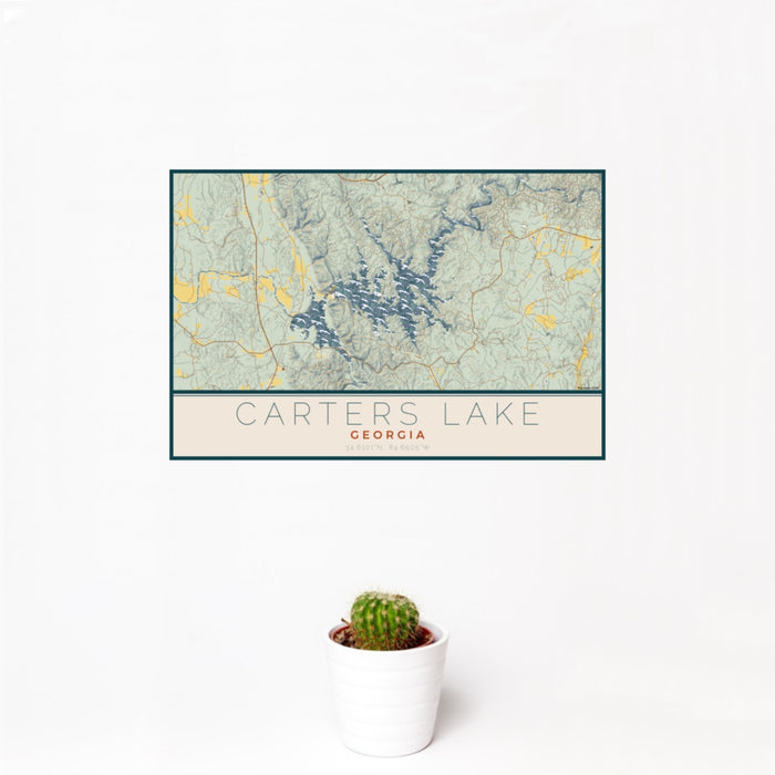 12x18 Carters Lake Georgia Map Print Landscape Orientation in Woodblock Style With Small Cactus Plant in White Planter