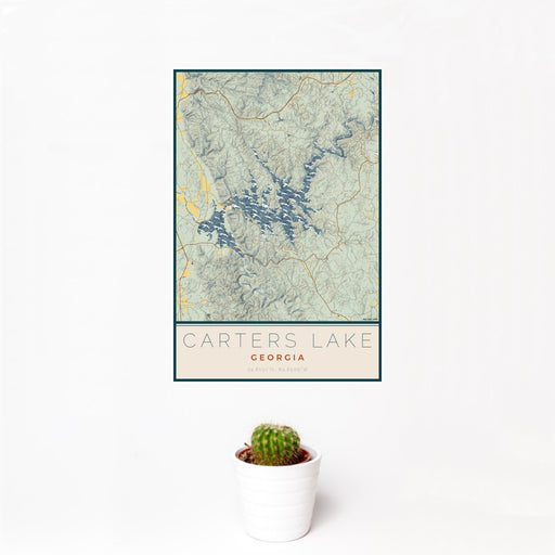 12x18 Carters Lake Georgia Map Print Portrait Orientation in Woodblock Style With Small Cactus Plant in White Planter
