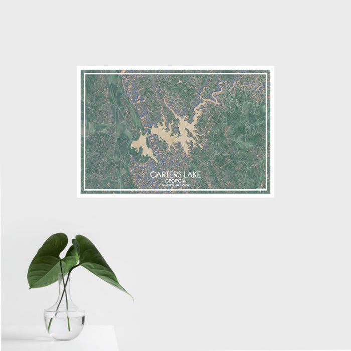 16x24 Carters Lake Georgia Map Print Landscape Orientation in Afternoon Style With Tropical Plant Leaves in Water
