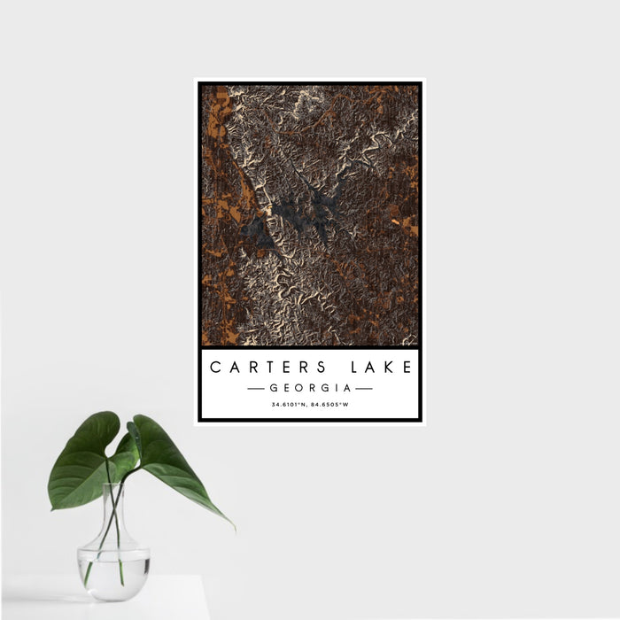 16x24 Carters Lake Georgia Map Print Portrait Orientation in Ember Style With Tropical Plant Leaves in Water
