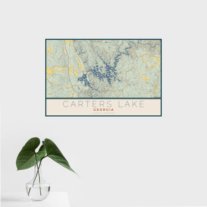 16x24 Carters Lake Georgia Map Print Landscape Orientation in Woodblock Style With Tropical Plant Leaves in Water