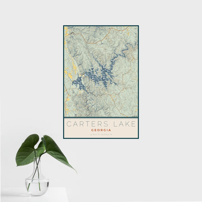 16x24 Carters Lake Georgia Map Print Portrait Orientation in Woodblock Style With Tropical Plant Leaves in Water