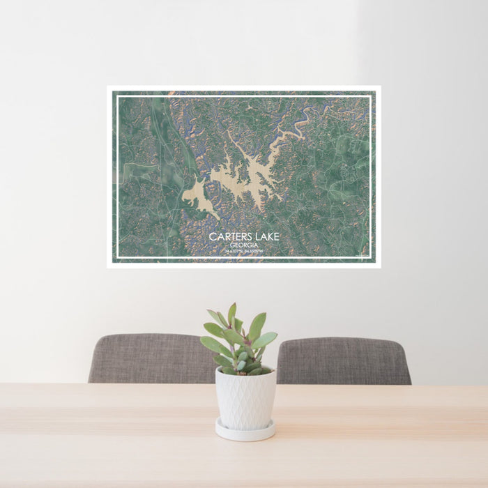 24x36 Carters Lake Georgia Map Print Lanscape Orientation in Afternoon Style Behind 2 Chairs Table and Potted Plant