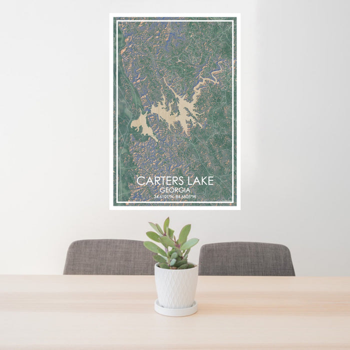 24x36 Carters Lake Georgia Map Print Portrait Orientation in Afternoon Style Behind 2 Chairs Table and Potted Plant
