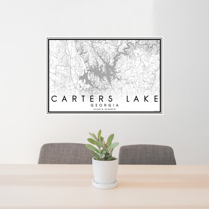 24x36 Carters Lake Georgia Map Print Lanscape Orientation in Classic Style Behind 2 Chairs Table and Potted Plant