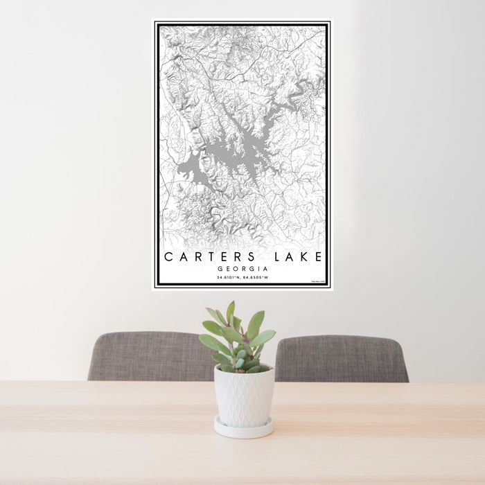 24x36 Carters Lake Georgia Map Print Portrait Orientation in Classic Style Behind 2 Chairs Table and Potted Plant