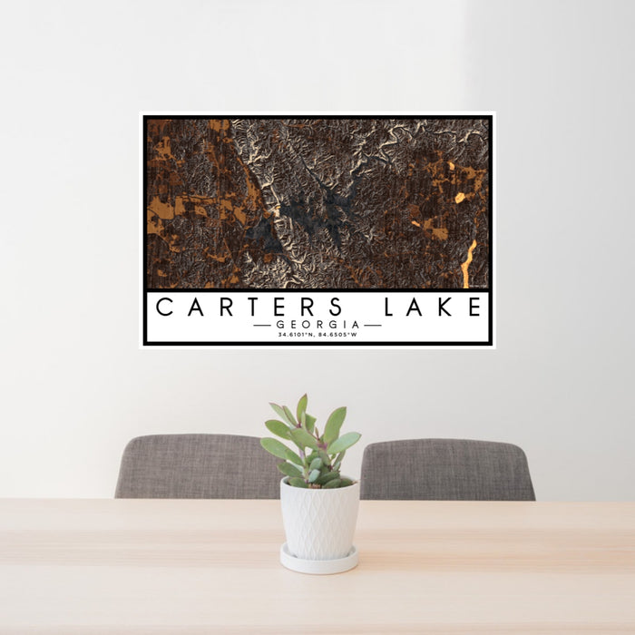 24x36 Carters Lake Georgia Map Print Lanscape Orientation in Ember Style Behind 2 Chairs Table and Potted Plant