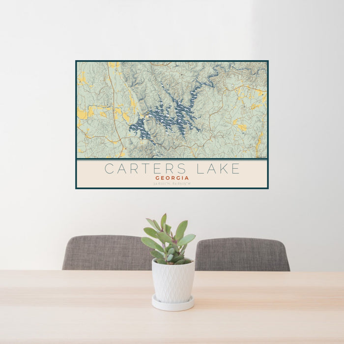 24x36 Carters Lake Georgia Map Print Lanscape Orientation in Woodblock Style Behind 2 Chairs Table and Potted Plant