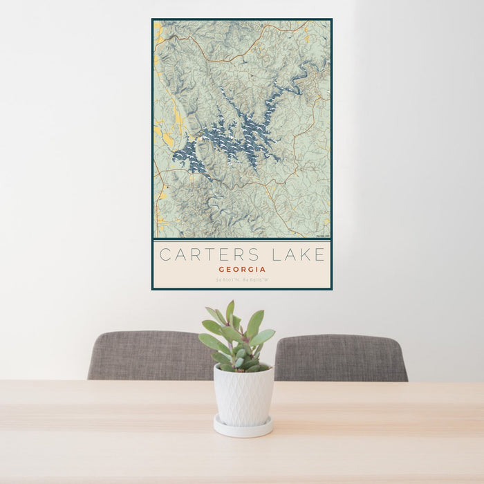 24x36 Carters Lake Georgia Map Print Portrait Orientation in Woodblock Style Behind 2 Chairs Table and Potted Plant