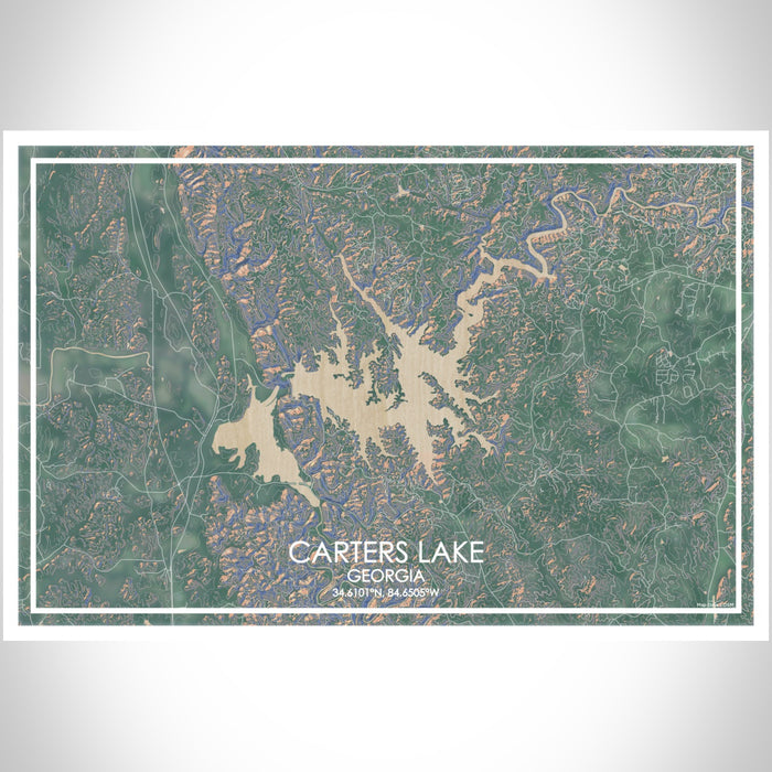 Carters Lake Georgia Map Print Landscape Orientation in Afternoon Style With Shaded Background