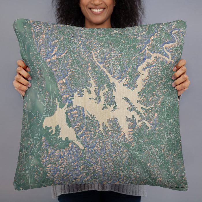 Person holding 22x22 Custom Carters Lake Georgia Map Throw Pillow in Afternoon