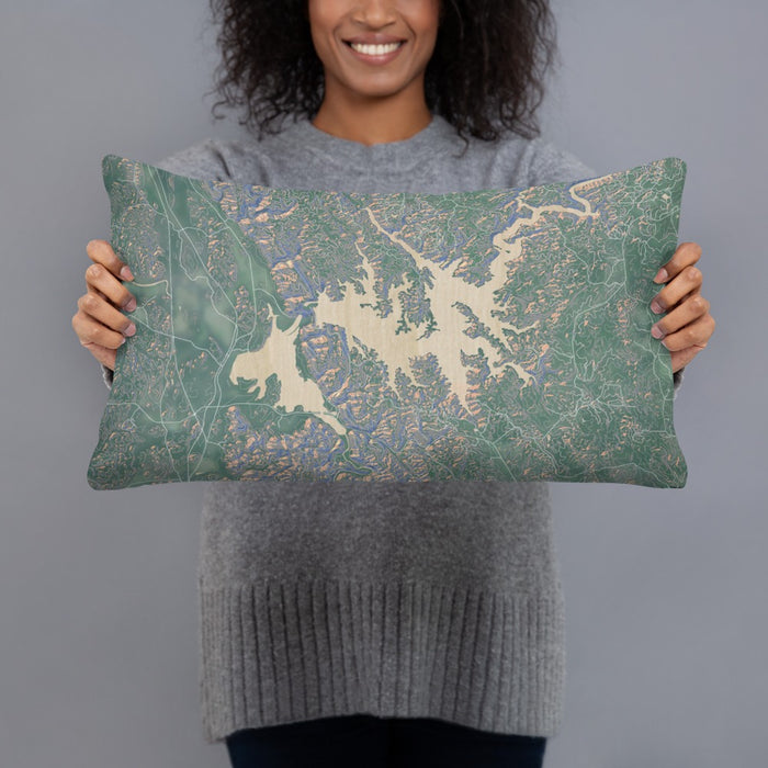 Person holding 20x12 Custom Carters Lake Georgia Map Throw Pillow in Afternoon