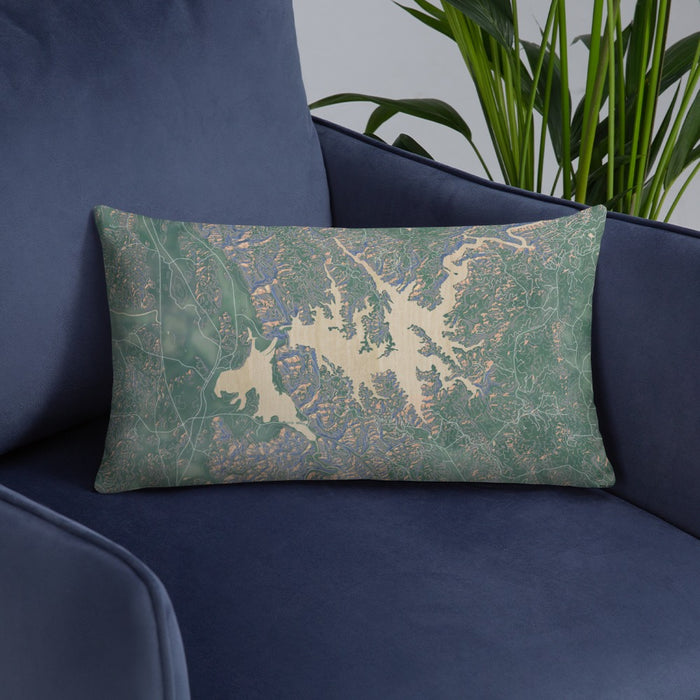 Custom Carters Lake Georgia Map Throw Pillow in Afternoon on Blue Colored Chair