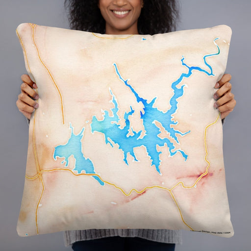 Person holding 22x22 Custom Carters Lake Georgia Map Throw Pillow in Watercolor