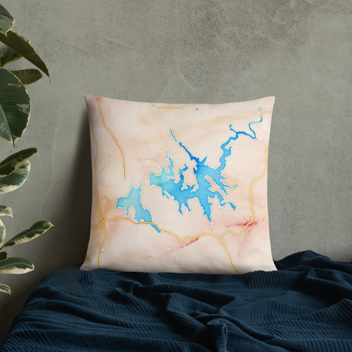 Custom Carters Lake Georgia Map Throw Pillow in Watercolor on Bedding Against Wall