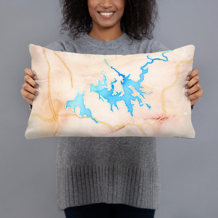 Person holding 20x12 Custom Carters Lake Georgia Map Throw Pillow in Watercolor