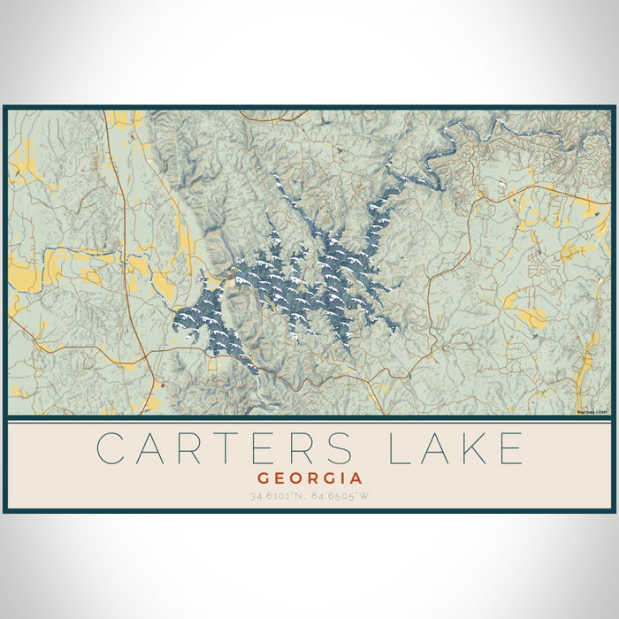 Carters Lake Georgia Map Print Landscape Orientation in Woodblock Style With Shaded Background