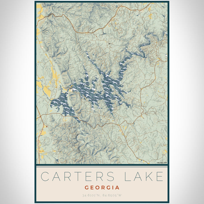 Carters Lake Georgia Map Print Portrait Orientation in Woodblock Style With Shaded Background