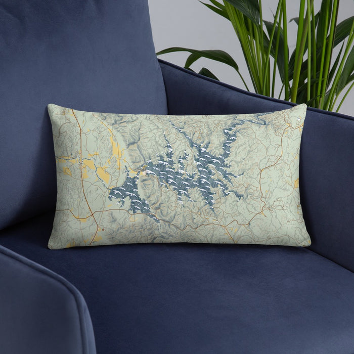 Custom Carters Lake Georgia Map Throw Pillow in Woodblock on Blue Colored Chair