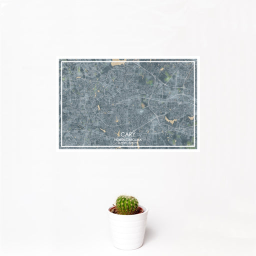 12x18 Cary North Carolina Map Print Landscape Orientation in Afternoon Style With Small Cactus Plant in White Planter