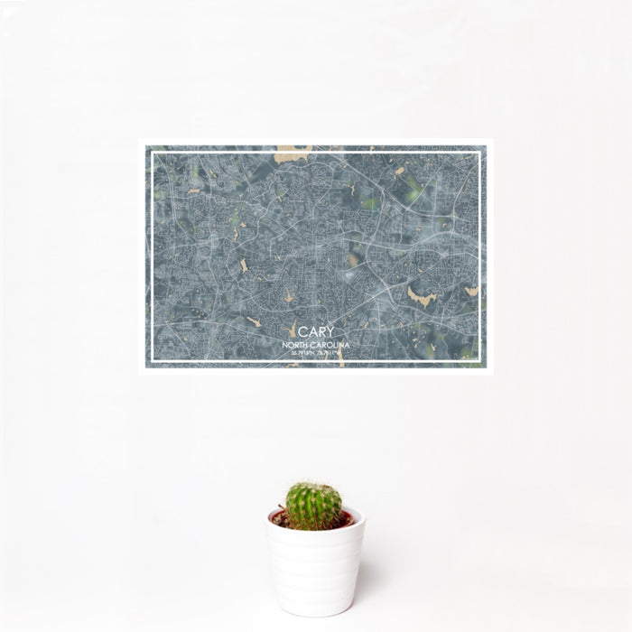 12x18 Cary North Carolina Map Print Landscape Orientation in Afternoon Style With Small Cactus Plant in White Planter