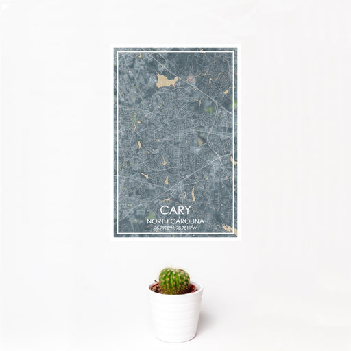 12x18 Cary North Carolina Map Print Portrait Orientation in Afternoon Style With Small Cactus Plant in White Planter