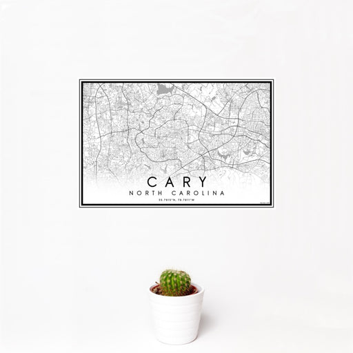 12x18 Cary North Carolina Map Print Landscape Orientation in Classic Style With Small Cactus Plant in White Planter