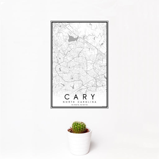 12x18 Cary North Carolina Map Print Portrait Orientation in Classic Style With Small Cactus Plant in White Planter