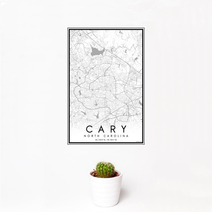 12x18 Cary North Carolina Map Print Portrait Orientation in Classic Style With Small Cactus Plant in White Planter