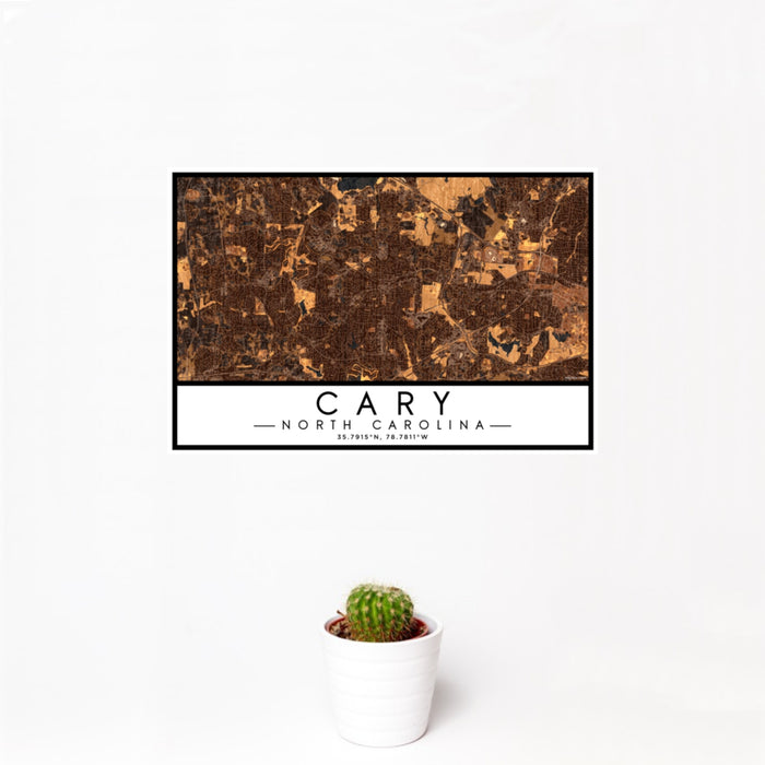 12x18 Cary North Carolina Map Print Landscape Orientation in Ember Style With Small Cactus Plant in White Planter