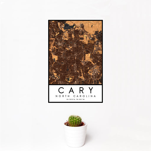 12x18 Cary North Carolina Map Print Portrait Orientation in Ember Style With Small Cactus Plant in White Planter