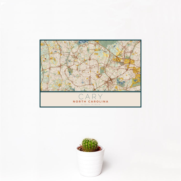 12x18 Cary North Carolina Map Print Landscape Orientation in Woodblock Style With Small Cactus Plant in White Planter