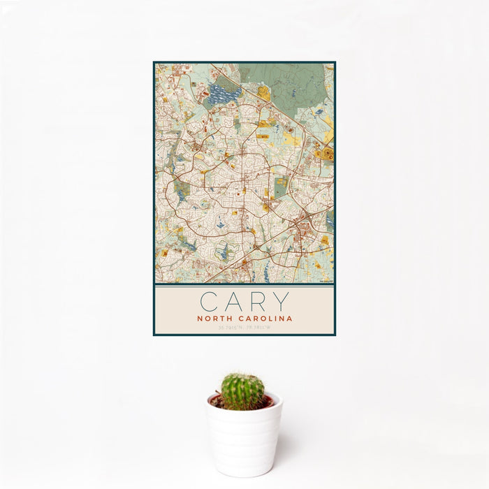 12x18 Cary North Carolina Map Print Portrait Orientation in Woodblock Style With Small Cactus Plant in White Planter