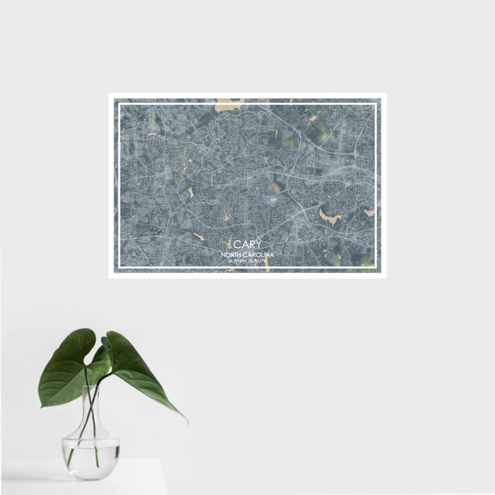 16x24 Cary North Carolina Map Print Landscape Orientation in Afternoon Style With Tropical Plant Leaves in Water