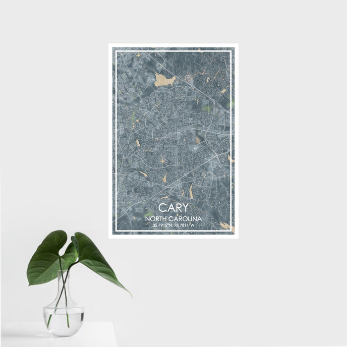 16x24 Cary North Carolina Map Print Portrait Orientation in Afternoon Style With Tropical Plant Leaves in Water