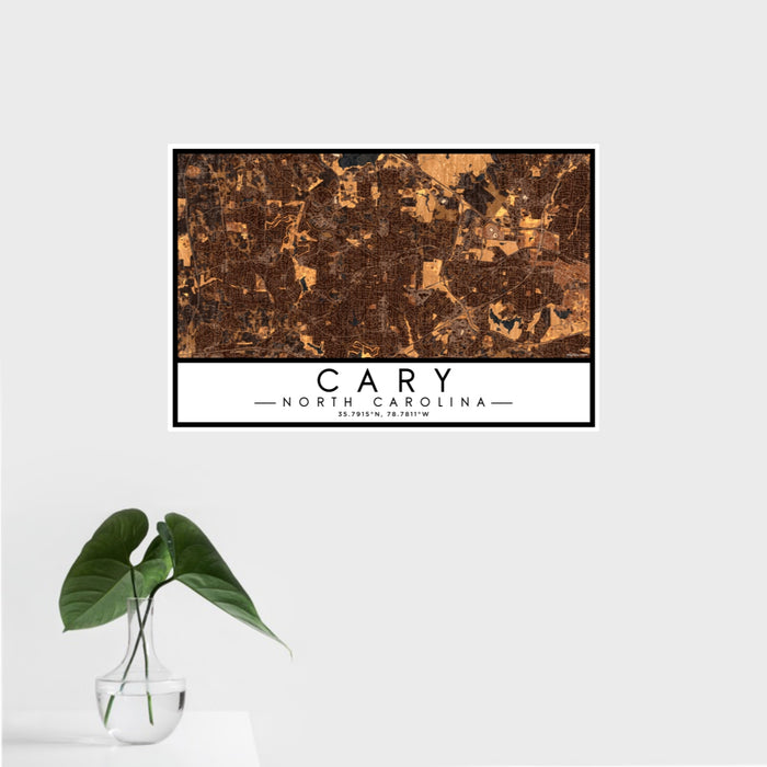 16x24 Cary North Carolina Map Print Landscape Orientation in Ember Style With Tropical Plant Leaves in Water