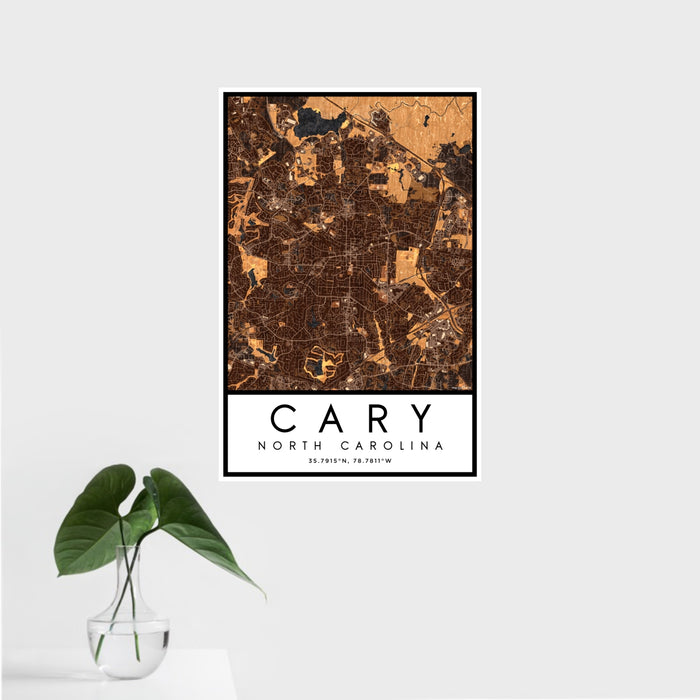 16x24 Cary North Carolina Map Print Portrait Orientation in Ember Style With Tropical Plant Leaves in Water