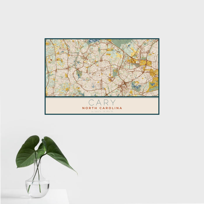16x24 Cary North Carolina Map Print Landscape Orientation in Woodblock Style With Tropical Plant Leaves in Water