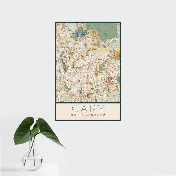 16x24 Cary North Carolina Map Print Portrait Orientation in Woodblock Style With Tropical Plant Leaves in Water