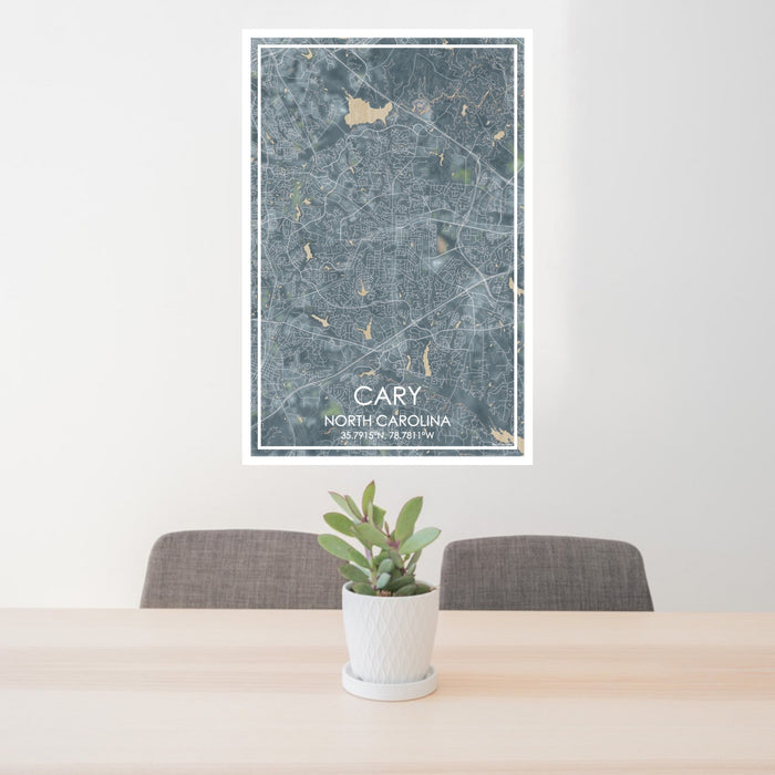 24x36 Cary North Carolina Map Print Portrait Orientation in Afternoon Style Behind 2 Chairs Table and Potted Plant