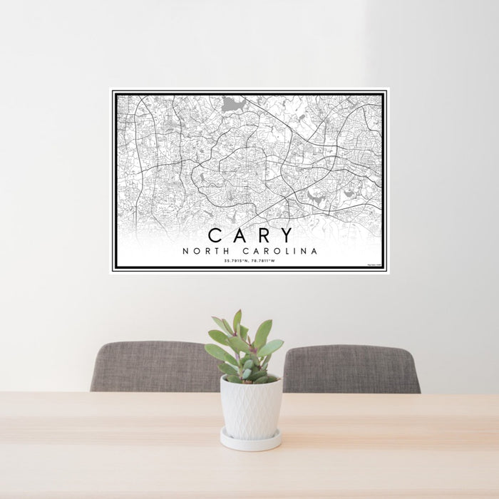 24x36 Cary North Carolina Map Print Lanscape Orientation in Classic Style Behind 2 Chairs Table and Potted Plant