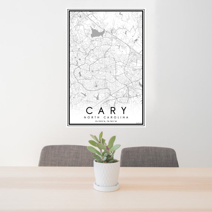 24x36 Cary North Carolina Map Print Portrait Orientation in Classic Style Behind 2 Chairs Table and Potted Plant