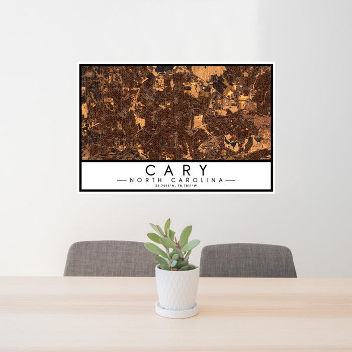 24x36 Cary North Carolina Map Print Lanscape Orientation in Ember Style Behind 2 Chairs Table and Potted Plant