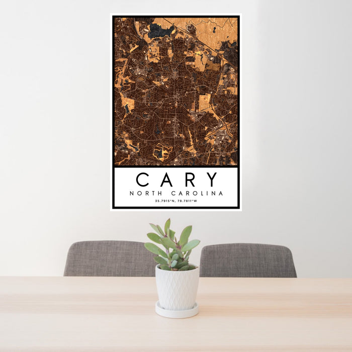 24x36 Cary North Carolina Map Print Portrait Orientation in Ember Style Behind 2 Chairs Table and Potted Plant