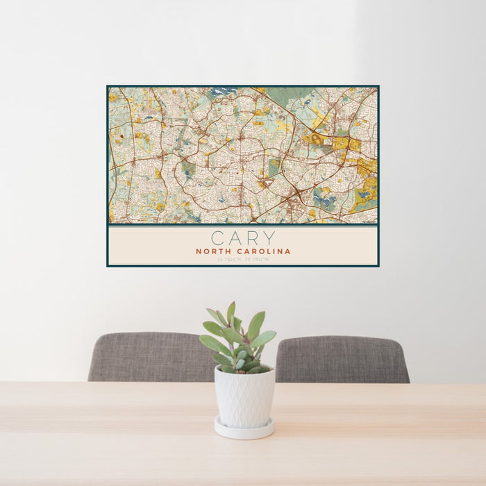 24x36 Cary North Carolina Map Print Lanscape Orientation in Woodblock Style Behind 2 Chairs Table and Potted Plant